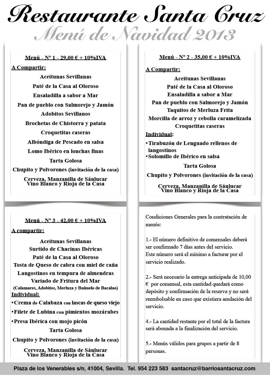 Men�s Comidas de Navidad en Sevilla . Restaurante Santa Cruz - Sevilla